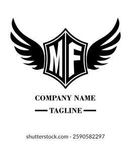 MF bold shield logo with wings, customizable with letters A to Z. Perfect for brands seeking a powerful symbol of strength, freedom, and ambition