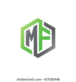 MF initial letters looping linked hexagon logo black gray green