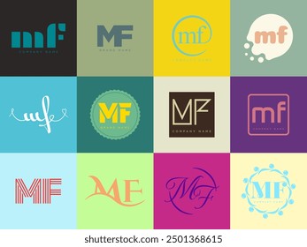 MF logo company template. Letter m and f logotype. Set different classic serif lettering and modern bold text with design elements. Initial font typography. Collection trendy business identity.