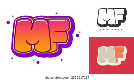 MF logo design for festival or party. Initial letter m and f in graffiti style. Creative modern lettering company name of font typography. Kids trendy logotype or identity. Vector illustration.
