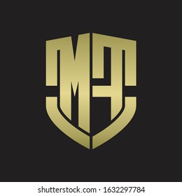 MF Logo monogram with emblem shield shape design isolated gold colors on black background