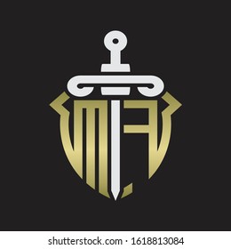 MF Logo monogram with sword and shield combination isolated with gold colors