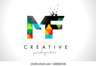 MF M F Letter Logo with Colorful Vivid Triangles Texture Design Vector Illustration.