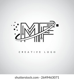 Logotipo do Monograma da Órbita MF - Marca de Letra Mínima Futurista com Linha de Arte Circular, Pontos Inspirados na Tecnologia e Conceito de Movimento Espacial para Identidade de Marca Moderna