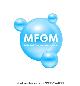 MFGM (Milk Fat Globule Membrane) blue in milk droplets isolated on white background. Essential amino acids for body infant health. Products design supplement food. 3D realistic isolated. Vector.