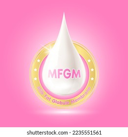 MFGM (Milk Fat Globule Membrane) Vitamins and omega DHA in milk droplets. Essential amino acids for body infant health. Products design supplement food. 3D realistic isolated. Vector.