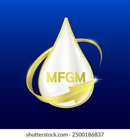 MFGM (Milk Fat Globule Membrane) in milk droplets surrounded by gold arrows. Vitamins and omega DHA. Essential amino acids for body infant health. Products design supplement food. Vector.