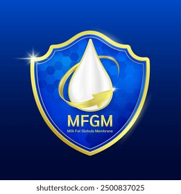 MFGM (Milk Fat Globule Membrane) Milk droplets surrounded by gold arrows in shield. Vitamins and omega DHA. Essential amino acids for body infant health. Products design supplement food. Vector.