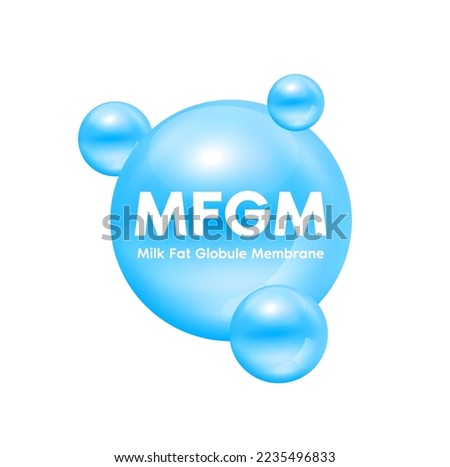 MFGM (Milk Fat Globule Membrane) blue in milk droplets isolated on white background. Essential amino acids for body infant health. Products design supplement food. 3D realistic isolated. Vector.