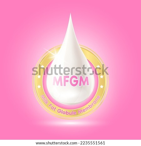 MFGM (Milk Fat Globule Membrane) Vitamins and omega DHA in milk droplets. Essential amino acids for body infant health. Products design supplement food. 3D realistic isolated. Vector.
