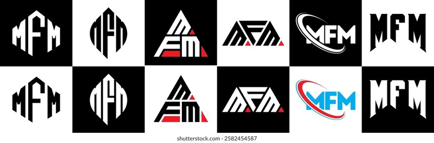 MFM letter logo design in six style. MFM polygon, circle, triangle, hexagon, flat and simple style with black and white color variation letter logo set in one artboard. MFM minimalist and classic logo
