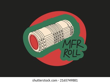 MFR roll, myofascial release massage therapy flat vector lettering. Foam roll flat illustration with typography. Deep tissue massage doodle drawing isolated on dark background.