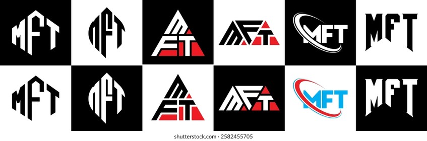 MFT letter logo design in six style. MFT polygon, circle, triangle, hexagon, flat and simple style with black and white color variation letter logo set in one artboard. MFT minimalist and classic logo