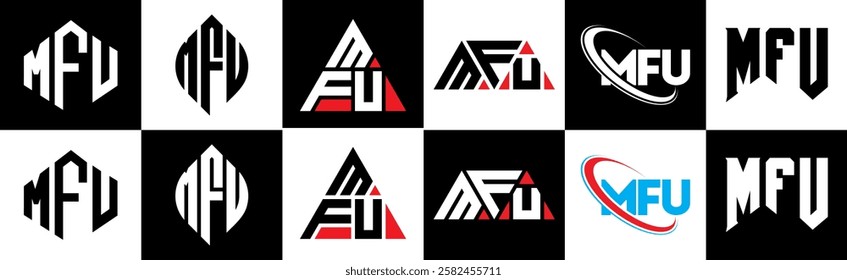 MFU letter logo design in six style. MFU polygon, circle, triangle, hexagon, flat and simple style with black and white color variation letter logo set in one artboard. MFU minimalist and classic logo