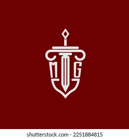 MG initial logo monogram design for legal lawyer vector image with sword and shield