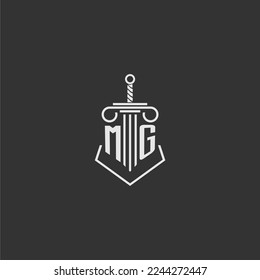 MG firma de ley de monograma inicial con diseño de logotipo de espada y pilar