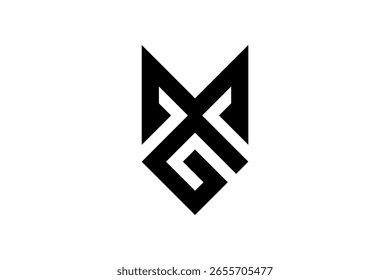 Letra MG Monograma Logótipo Geométrico. A combinação das letras M e G com uma forma de base geométrica, a letra M parece uma máscara de guerreiro espartano, tornando este logotipo adequado para marcas de esporte etc.