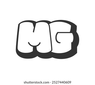 MG logo, bubble comic lettering, rounded in graffiti style black and white silhouette. Trendy preschool M and G letter text for festival party, personal initials, children funky print and web. Vector