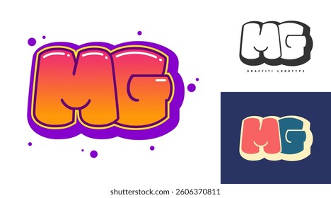 MG logo design for festival or party. Initial letter m and g in graffiti style. Creative modern lettering company name of font typography. Kids trendy logotype or identity. Vector illustration.