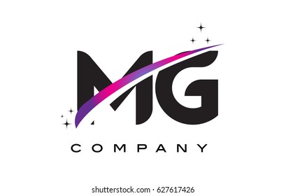 MG M G Black Letter Logo Design with Purple Magenta Swoosh and Stars.