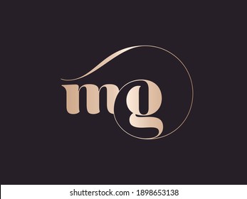 MG monogram logo.Abstract typographic signature icon.Letter m and letter g.Lettering sign isolated on dark background.Alphabet initials.Metallic rose gold wedding characters and swirl element.