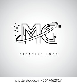 Logotipo do Monograma da Órbita MG - Marca de Letra Mínima Futurista com Linha de Arte Circular, Pontos Inspirados na Tecnologia e Conceito de Movimento Espacial para Identidade de Marca Moderna