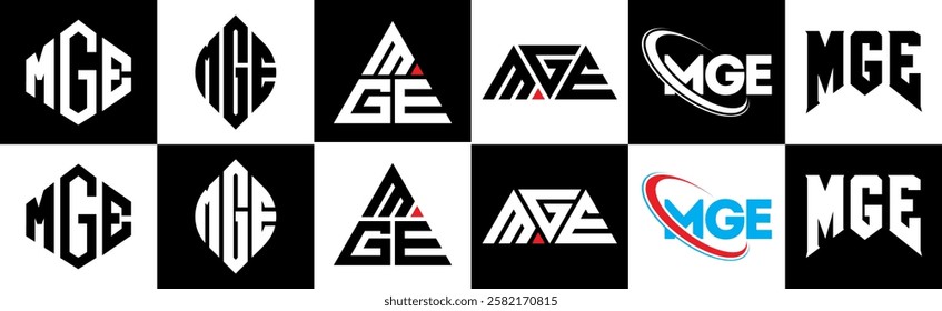 MGE letter logo design in six style. MGE polygon, circle, triangle, hexagon, flat and simple style with black and white color variation letter logo set in one artboard. MGE minimalist and classic logo