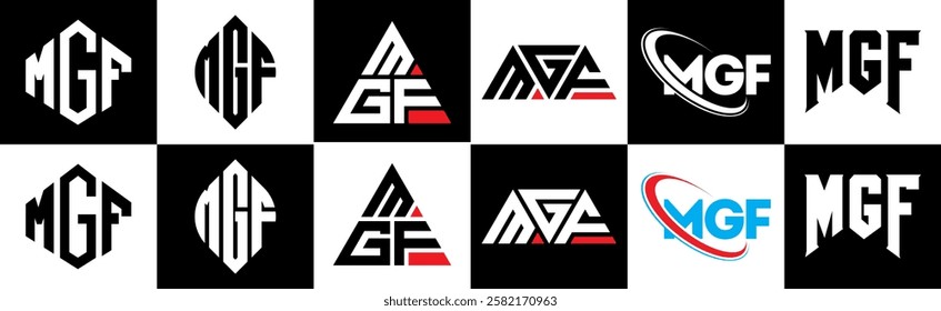 MGF letter logo design in six style. MGF polygon, circle, triangle, hexagon, flat and simple style with black and white color variation letter logo set in one artboard. MGF minimalist and classic logo