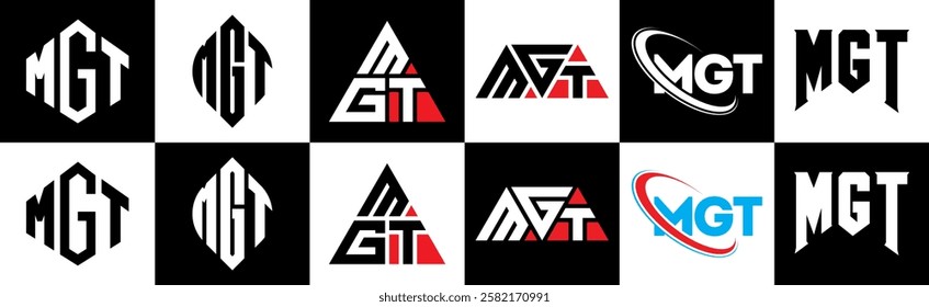 MGT letter logo design in six style. MGT polygon, circle, triangle, hexagon, flat and simple style with black and white color variation letter logo set in one artboard. MGT minimalist and classic logo