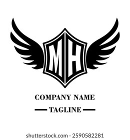 MH bold shield logo with wings, customizable with letters A to Z. Perfect for brands seeking a powerful symbol of strength, freedom, and ambition
