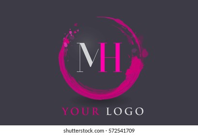 MH Circular Letter Brush Logo. Pink Brush with Splash Concept Design.