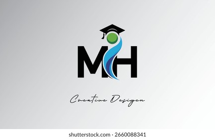Logotipo creativo de la letra de MH con el casquillo de la graduación y el humano Abstractas – Educación moderna y diseño del símbolo del aprendizaje