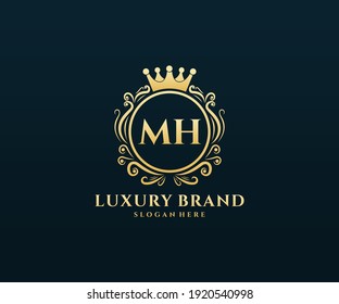 MH Initial Letter Gold calligraphic feminine floral hand drawn heraldic monogram antique vintage style luxury logo design.