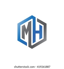 MH initial letters looping linked hexagon logo black gray blue