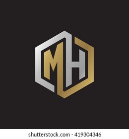 MH initial letters looping linked hexagon elegant logo golden silver black background