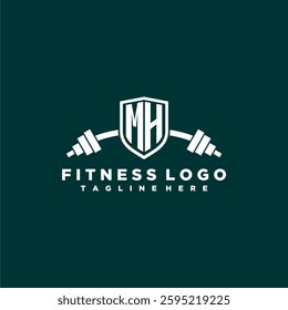 MH initial monogram for fitnes or gym logo with creative shield and barbell design