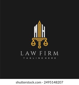 Monograma inicial de MH para el logotipo del bufete de abogados con espada y escala