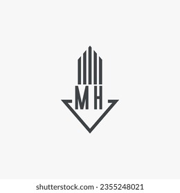Indicaciones del material del logotipo de propiedades inmobiliarias MH. vector de logotipo