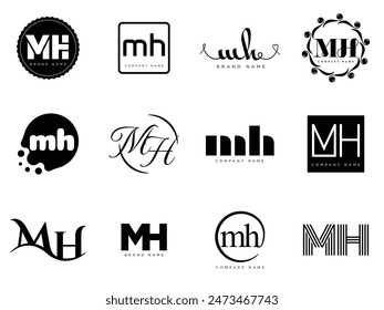 MH logo company template. Letter m and h logotype. Set different classic serif lettering and modern bold text with design elements. Initial font typography. Collection trendy business identity.