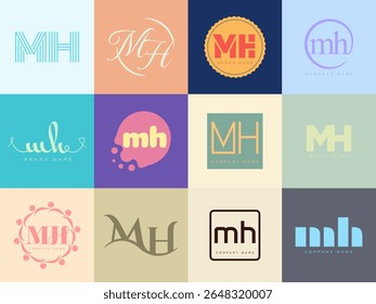 MH logo company template. Letter m and h logotype. Set different classic serif lettering and modern bold text with design elements. Initial font typography. Collection trendy business identity.