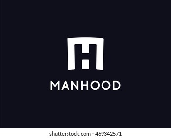 MH Logo design. Smart Mark of letter M and H in modern flat style. Vector graphic element for your company logotype. Male sign for business card. Arc symbol on black background