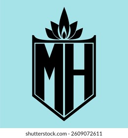 MH Logo featuring a minimalist design with a crown-like flower symbol on top, bold black elements, and a soft blue background, perfect for branding and modern visual identity.
