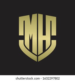 MH Logo monogram with emblem shield shape design isolated gold colors on black background
