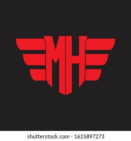 MH Logo monogram with emblem and wings element design template on red colors