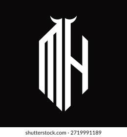 MH Logo monograma con forma de cuerno aislado Plantilla de diseño en blanco y negro sobre fondo negro