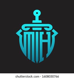 MH Logo monogram with sword and shield combination isolated blue colors gradient