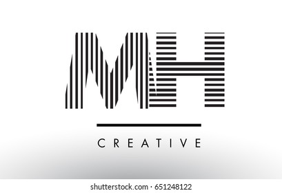 MH M H Black and White Letter Logo Design with Vertical and Horizontal Lines.