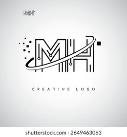 Logotipo del monograma de MH Orbit: marca de letra mínima futurista con arte de línea circular, puntos inspirados en la tecnología y concepto de movimiento espacial para la identidad de marca moderna