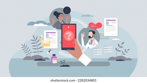 mHealth or mobile health as application using for health tiny person concept. Smartphone as diagnostic device for illness record, checkup with doctor or prescription treatment vector illustration.