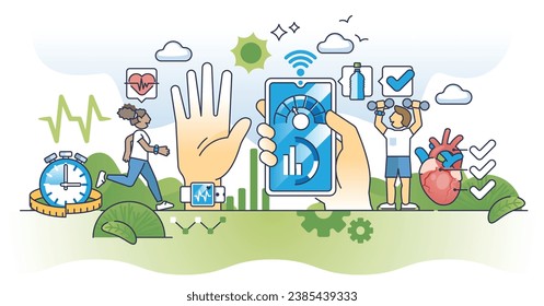 mHealth or mobile medical health control application outline concept. Smartphone app with heart monitoring, pulse checkup in sport and hydration reminder vector illustration. Digital healthcare.